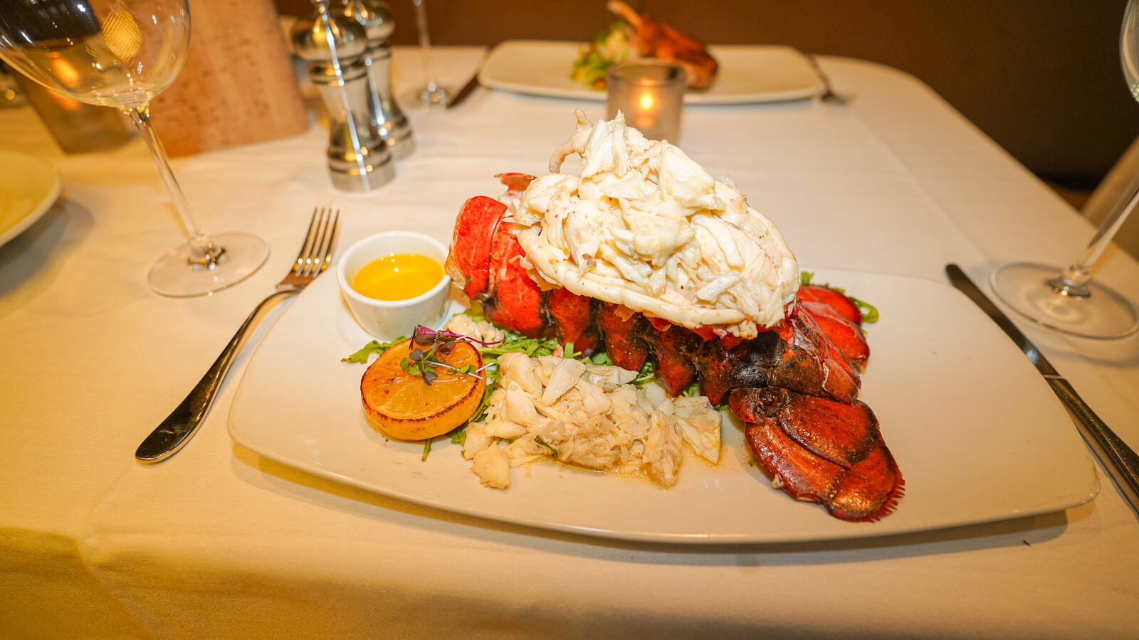 Lobster tail topped with crab